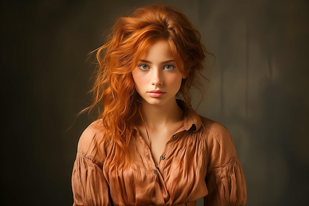 Sexy belle fille aux cheveux roux avec des cheveux longs et bouclés Portrait féminin parfait sur couleur claire