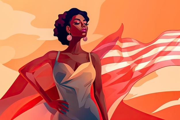 Photo sexy femme afro-américaine devant le drapeau des états-unis illustration abstraite célébrant le patriotisme generative ai