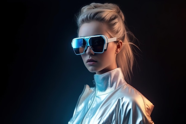 Sexy jeune femme portant des lunettes futuristes style de mode cosmique AI générative