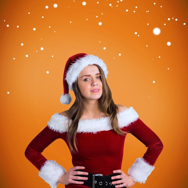 sexy, santa, girl, sourire, appareil-photo, contre, orange, vignette