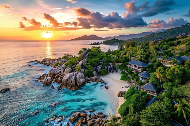 Les Seychelles Vue panoramique du coucher de soleil avec plage