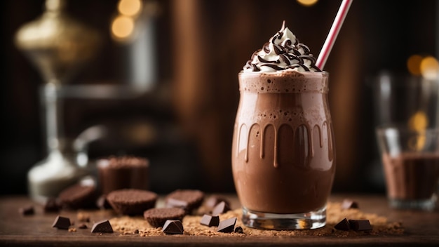 Shake au chocolat chaud avec de la crème glacée sur fond noir