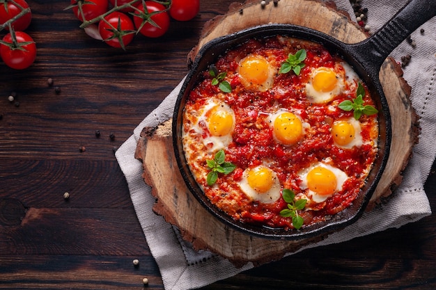 . Shakshuka dans une casserole en fonte sur un fond en bois vue de dessus