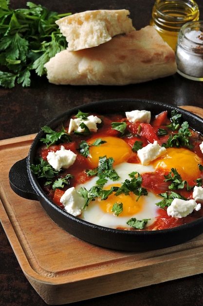 Shakshuka dans une poêle en fonte. Mise à plat.