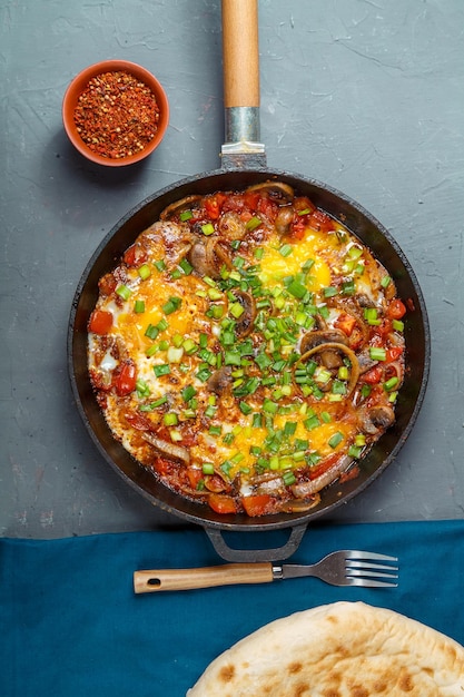 Shakshuka dans une poêle à frire sur fond gris à côté d'une fourchette et d'épices sur une serviette bleue