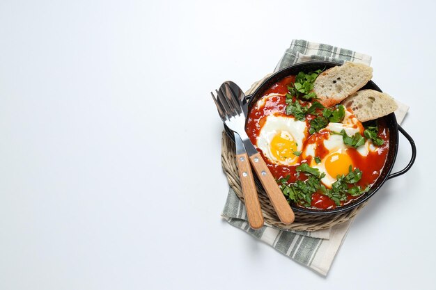 Shakshuka avec deux morceaux de cuillère à pain et une fourchette sur un espace de fond blanc de serviette pour le texte