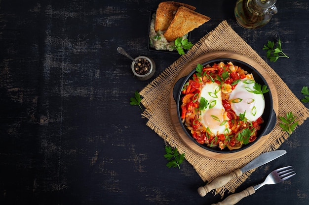 Shakshuka avec du pain grillé des œufs frits avec du poivre de tomate, de l'ail et des herbes