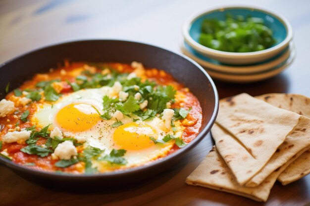 Shakshuka avec des morceaux de feta axés sur la texture du fromage