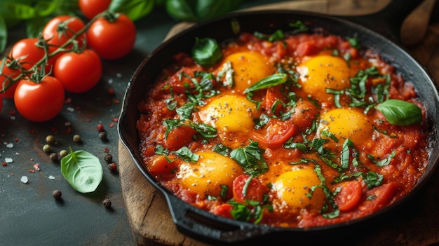 Shakshuka œufs frits dans de la sauce tomate dans une poêle à frire IA générative