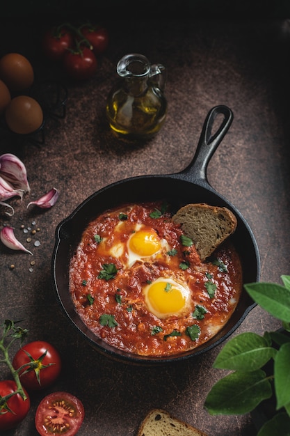 Shakshuka, œufs frits du Moyen-Orient avec sauce tomate épicée