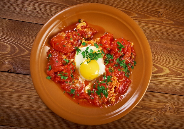 Shakshuka - plat d'œufs pochés dans une sauce de tomates, de piments et d'oignons, souvent épicé avec du cumin. Cuisines marocaine, tunisienne, libyenne, algérienne et égyptienne traditionnellement