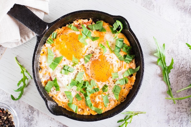 Shakshuka avec tomates et roquette dans une casserole Plat méditerranéen traditionnel Vue de dessus Gros plan