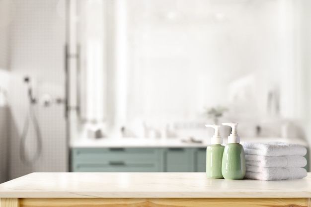 Photo shampoing en céramique, bouteille de savon et serviettes sur le comptoir au fond de la salle de bain