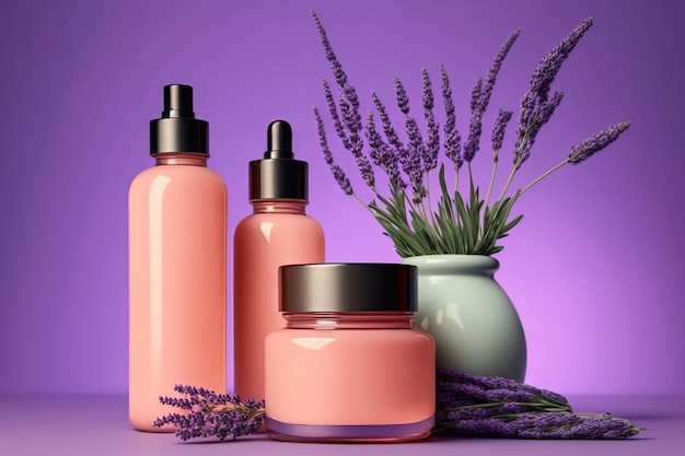 Shampooing parfumé à la fleur de lavande violette et illustration de bouteilles de gel rose AI générative