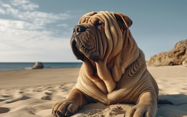 Shar Pei est assis sur la plage poste de publicité professionnelle photo ai généré