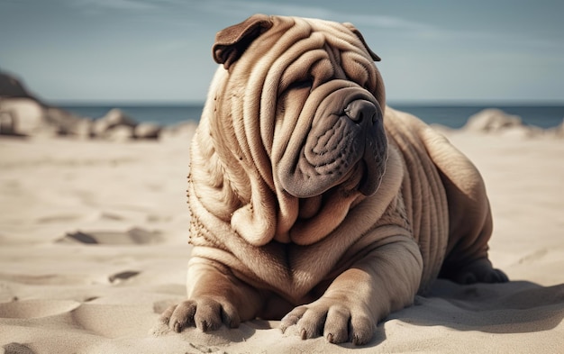 Shar Pei est assis sur la plage poste de publicité professionnelle photo ai généré