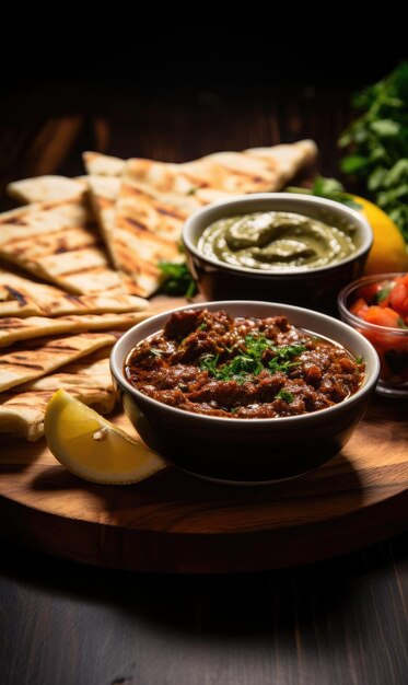 Photo shaurma arabe avec sauce sur une planche de bois