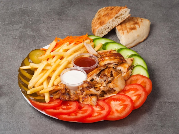 Shawarma sur une assiette avec frites et sauce sur fond gris