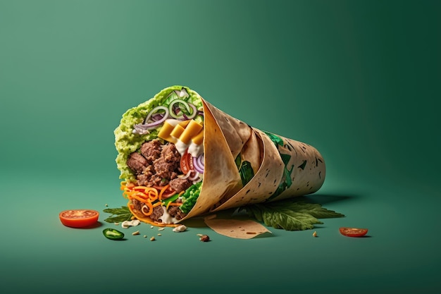 Shawarma avec légumes et viande sur fond vert Illustration AI Generative