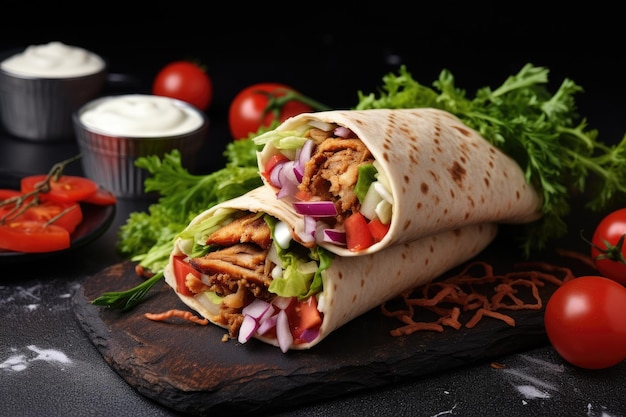 Shawarma oriental au poulet et légumes Doner Kebab avec sauces sur ardoise Fast Eastern food