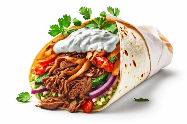 Shawarma oriental avec de la viande et des légumes dans une tortilla grillée isolée sur fond blanc