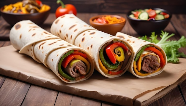 Shawarma roulé dans le lavash avec de la viande et des légumes grillés sur fond de bois