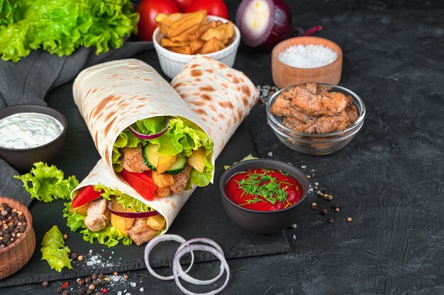 Shawarma traditionnel avec poulet et légumes frais et frites avec sauces sur un mur noir. Vue latérale, copiez l'espace. Fast food.