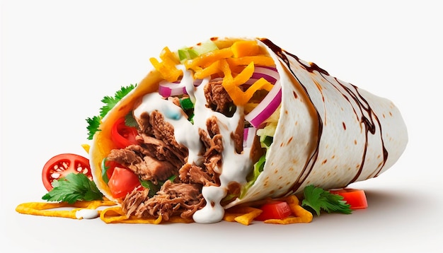 Shawarma avec de la viande et des légumes sur fond blanc isoler Generative AI