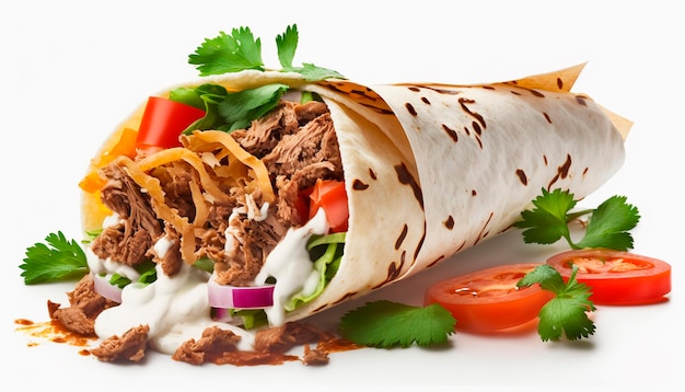 Photo shawarma avec de la viande et des légumes sur fond blanc isoler generative ai