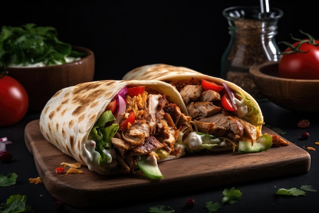 Un shawarma avec de la viande et des légumes sur une planche de bois