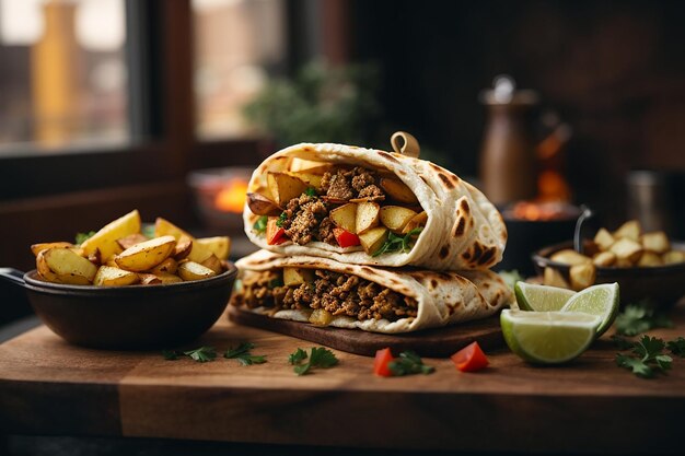 shawarma vue latérale avec pommes de terre frites dans des ustensiles de cuisine