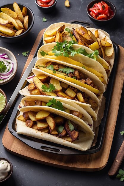 Shawarma de vue latérale avec des pommes de terre frites dans des ustensiles de cuisson