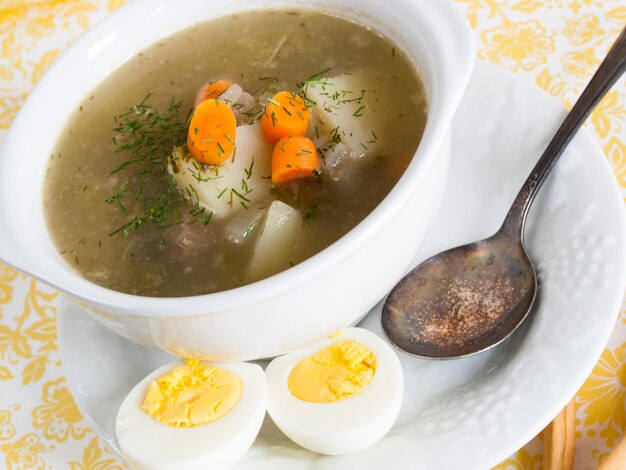 Photo shchaveloviy borsch est une soupe ukrainienne/russe classique. soupe servie chaude avec de l'aneth frais et de la crème sure.