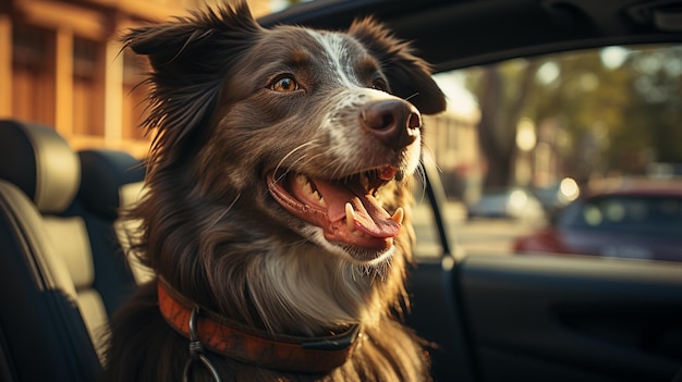 Shetland Sheepdog est assis dans la voiture et smilinggenerative ai