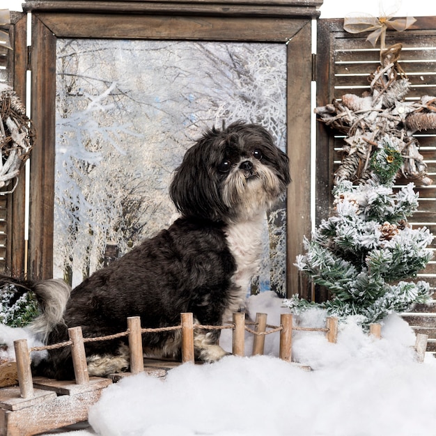 Shi tzu assis dans un paysage d'hiver