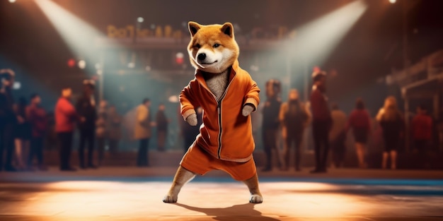 Shiba inu Japanese Dog Wearing Hip hop Suit Dancing Bboy on the Stage Generative Ai