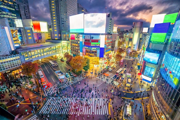 Shibuya Crossing en vue de dessus au crépuscule à Tokyo, Japon