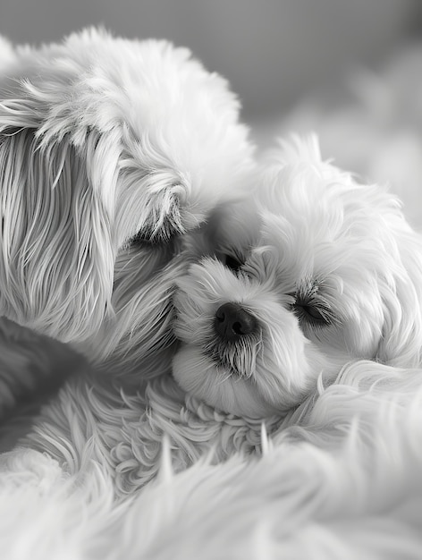 Shih Tzu adulte et chiot NosetoNose Parent et chiot partagent un moment de tendresse en monochromatographie