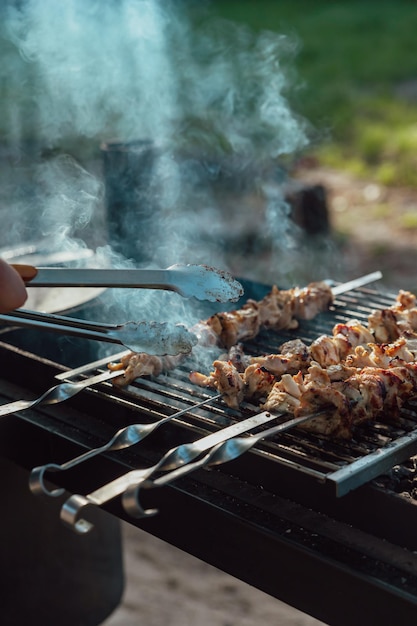 Shish kebab à base de poulet et cuit sur la grille du barbecue au charbon de bois Nourriture de pique-nique traditionnelle