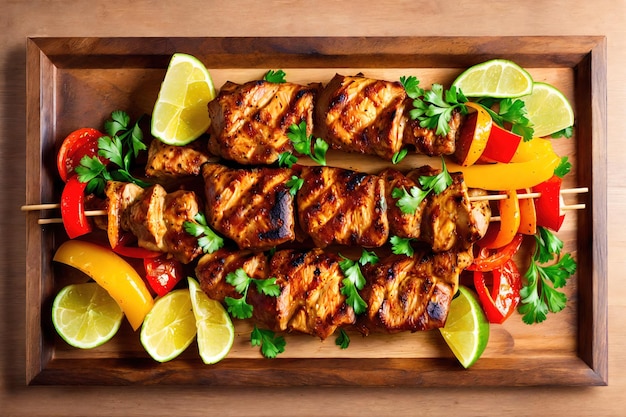 Shish kebab sur des brochettes avec des légumes dans un plateau en bois