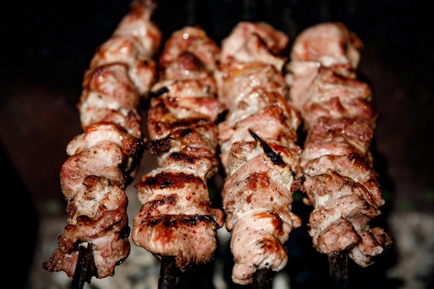 Le shish kebab est frit sur des brochettes. Repos d'été.