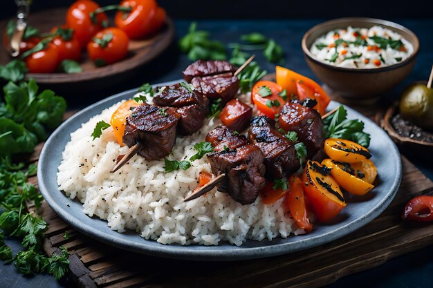 Shishkabob de bœuf grillé servi sur un lit de riz moelleux avec des légumes