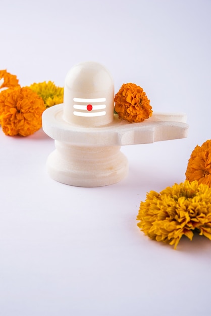 Shiva Linga décoré de fleurs et bel patra ou feuille et haldi kumkum pour Pooja ou adoration de Lord shiva ou Shankar bhagwan