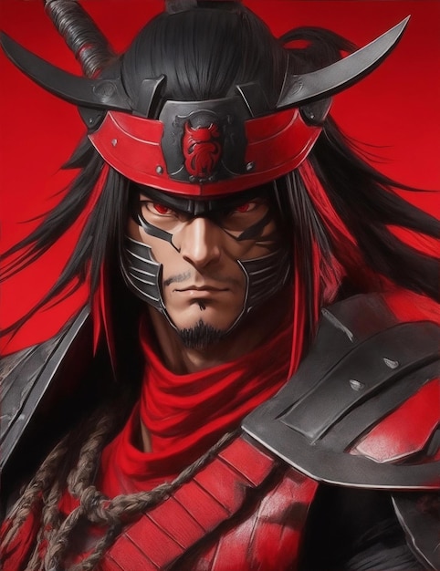 shogun samouraï rouge et noir avec casque et portant une illustration de masque