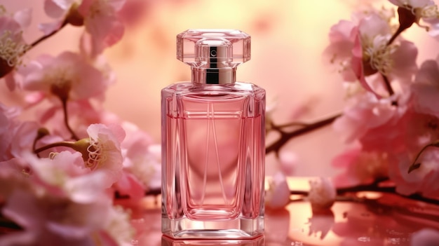 Shooting produit blockbuster publicitaire un flacon de parfum en verre transparent tons roses