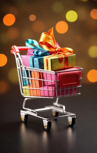 Shopping en ligne et idées de ventes du Black Friday Un chariot de shopping avec des boîtes cadeaux multicolores