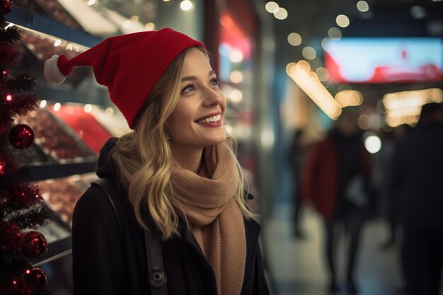 Shopping de Noël jeune femme souriante heureuse dans un chapeau rouge regardant l'affichage de la fenêtre le soir d'hiver