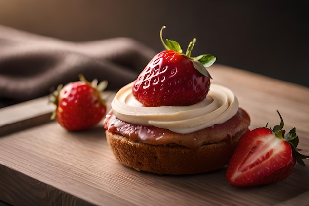 Un shortcake aux fraises avec une fraise sur le dessus