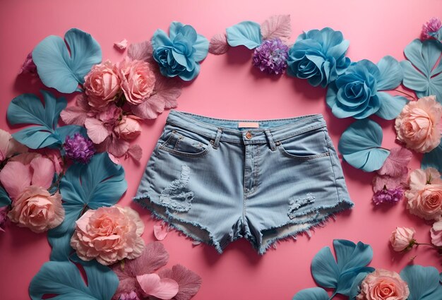 Photo des shorts bleus féminins sur un fond rose