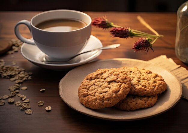 Photo un shot de biscuits à l'avoine servi avec une tasse de thé